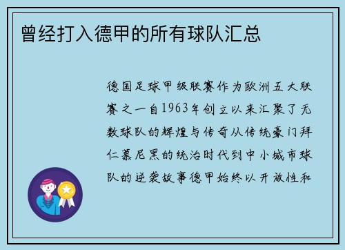 曾经打入德甲的所有球队汇总